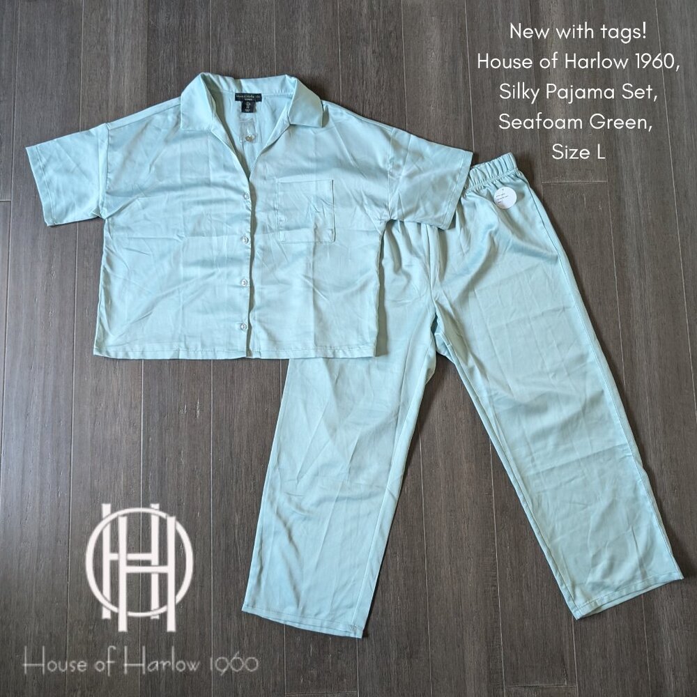 House of Harlow 1960, Silky Pajama Set, Seafoam Green, Size L